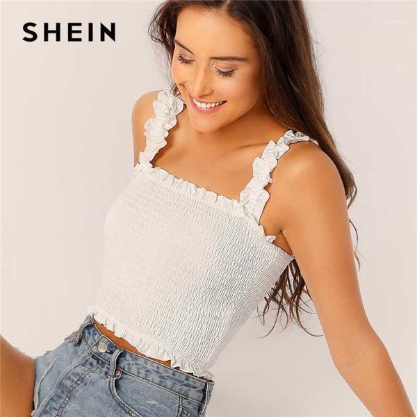 

shein frill trim crop shirred women clothes 2019 boho stretchy tank slim fit solid white red summer vest 1