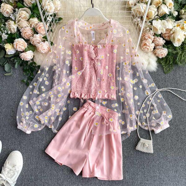 

women's tracksuits joinyouth women 3 piece set korean tracksuit flower gauze shirt shorts suit 2021 short wide leg pants suits ladies o, Gray