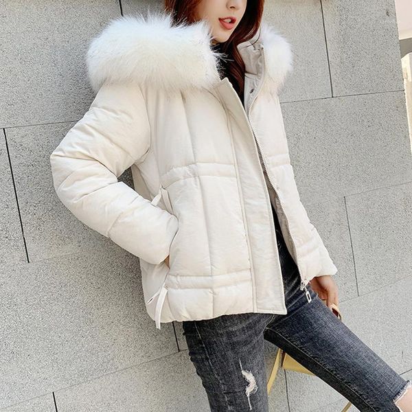 

fur collar hooded short women puffer jacket 2019 new fashion drawstring loose winter parka mujer ladies casual bubble coat1, Black