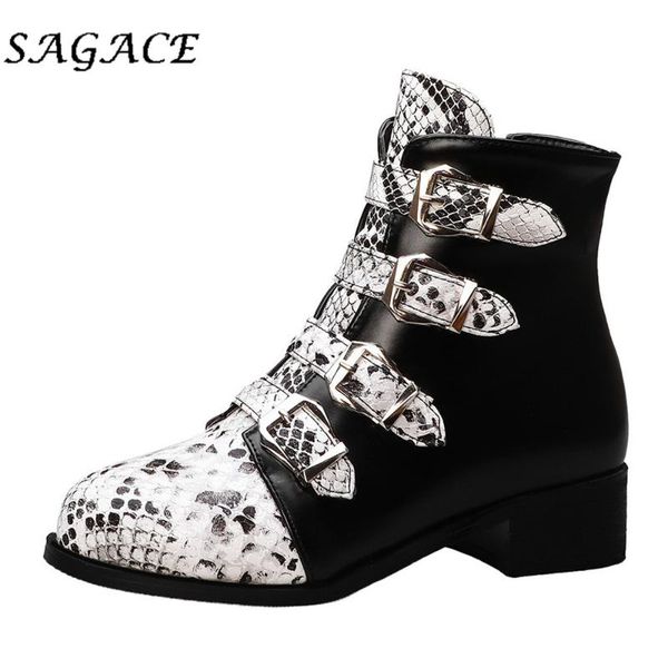 

boots sagace shoes ladies leather plus size special snake print buckle strap square heels ankle vintage women winter, Black