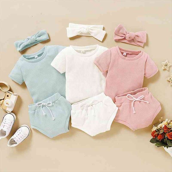 

summer cotton baby clothing set girls suit solid color fashion short sleeve tee shirts breifs headband 3pcs toddler boys clothes, White