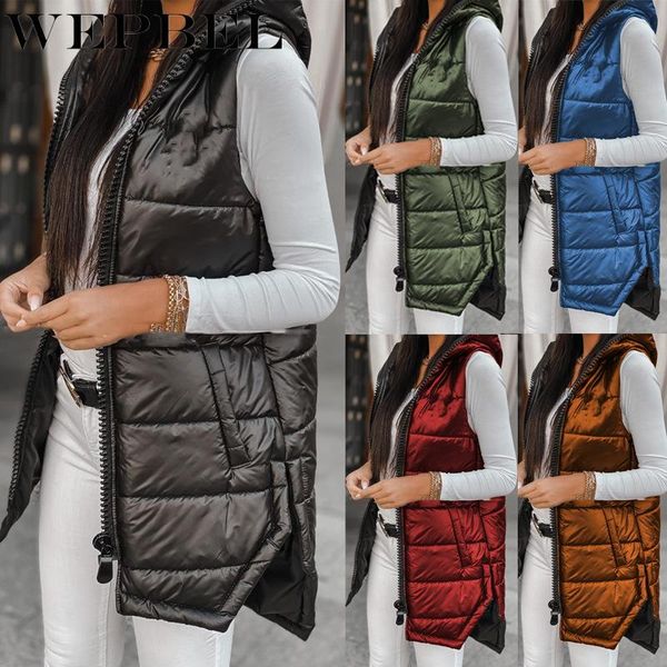 

wepbel winter women's shiny long vest coat solid hooded sleeveless zipper jacket plus size warm thick casual parka outwear, Black;white