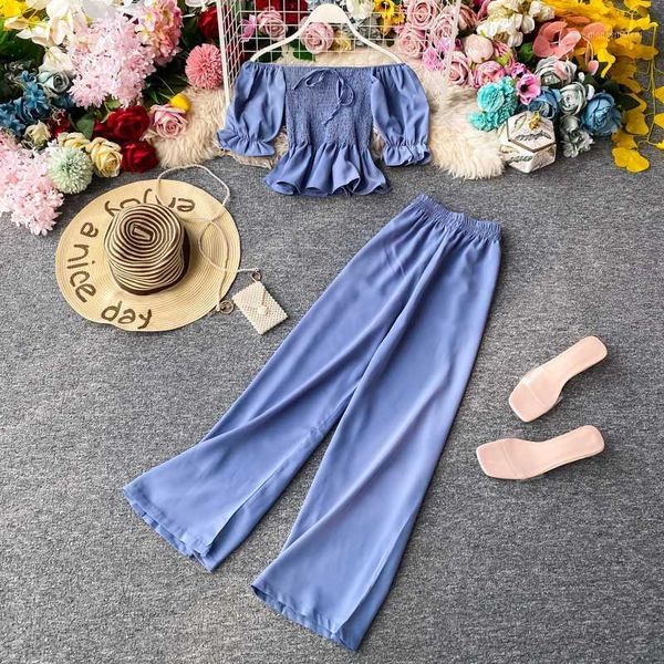 

two piece dress summer clothes for women 2021 suit set short sleeve slash neck crop + wide leg pants fashion ladies solid set1, White