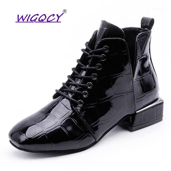 

boots ankle women shoes woman square toe solid black leather low heels fashion lace up short plush winter1