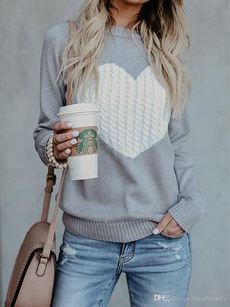 

women sweaters long sleeve love heart solid color sweater o-neck pullovers knitting ladies fashion casual fashion, White;black