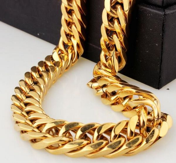 Mens Cuban Link Chain 14k banhado a ouro de aço inoxidável hip hop