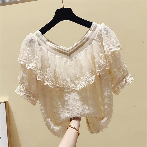 

plus size women summer chiffon blouse for woman 2020 summer new ruffles v neck chiffon shirt elegant sweet ladies blusas, White
