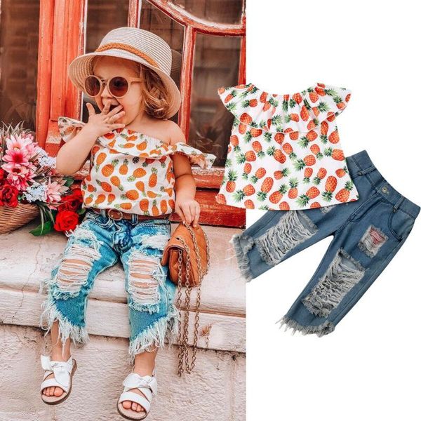 

clothing sets gilr clothes set summer pineapple shirt and hole jeans pants 2 pcs suit for baby kids cute 2021 style, White