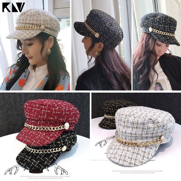 

berets klv 2021 women vintage metal chain tweed hat winter retro flat warm hats female plaid youth cap, Blue;gray
