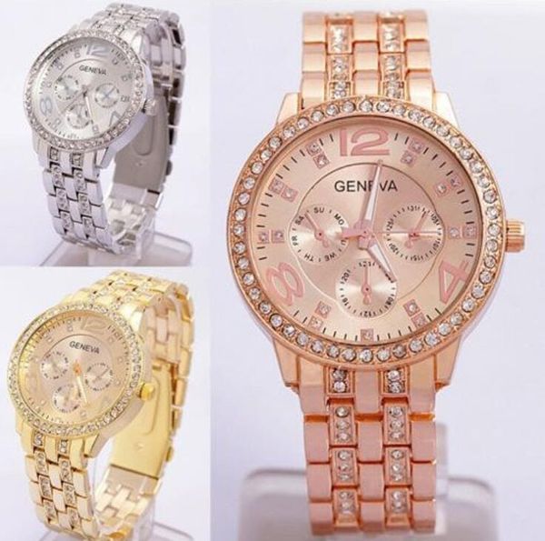 Neueste Mode Herrenuhren Genf Golduhr Damen Diamant Flanger Legierung Kristall Armbanduhr im europäischen und amerikanischen Stil