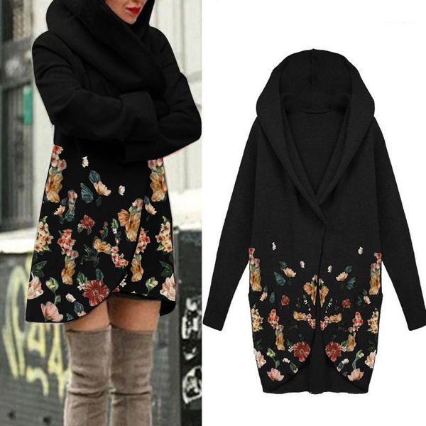 

women warm hoodie floral print cloth cardigan jacket coat long outerwear clothes slim jacket overcoat casual female coat1, Black;brown