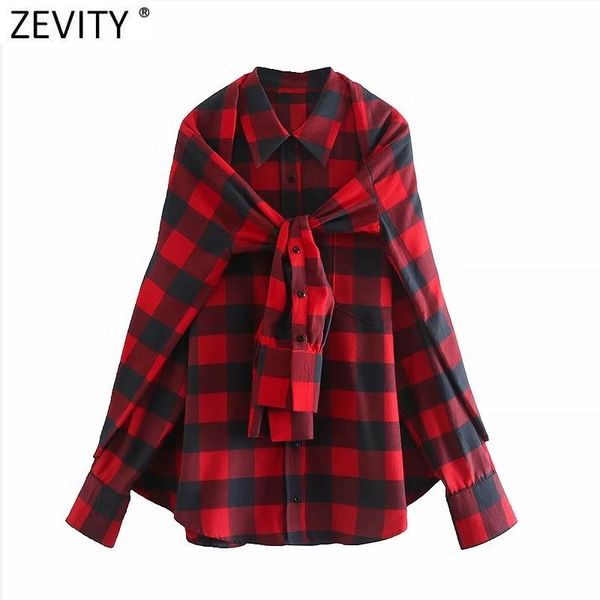 

zeveity новые женщины высокая уличная клетчатка печать красный случайные smock блузка женский длинный рукав грубообразная рубашка chic blusa, White