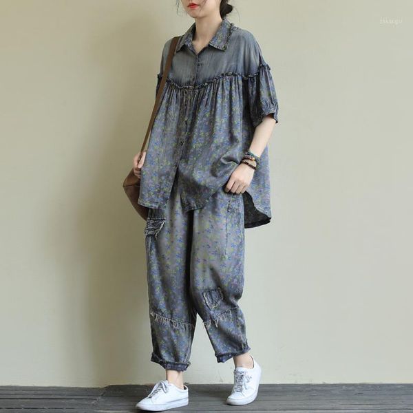 

2020 female new summer plus size literary stitching wood ear print lining + nine points harem pants casual set1, White