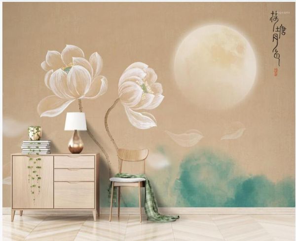 

wallpapers wall paper 3 d custom any size mural chinese style retro ink lotus flower moon home decor po wallpaper in the living room1