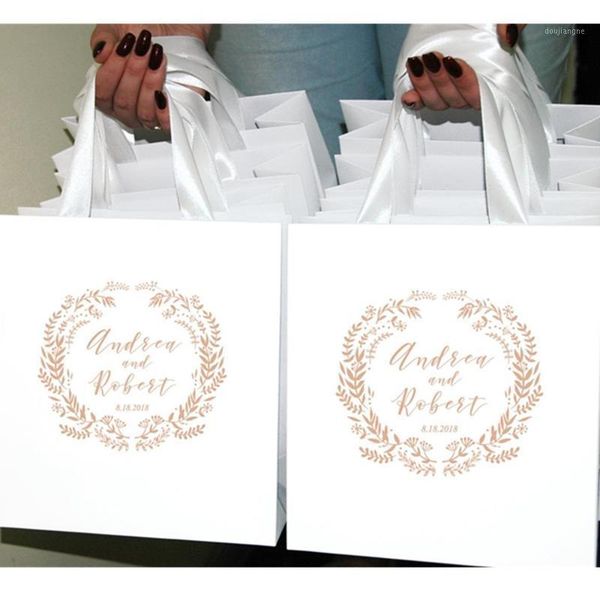 

personalized rose gold wedding welcome bags with satin ribbon and your names elegant wedding gifts and favors for guests1