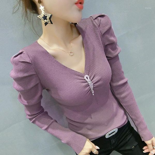 

#6222 black white purple green casual knitted sweater women turtleneck pullovers v neck tight female sweater puff sleeved1, White;black