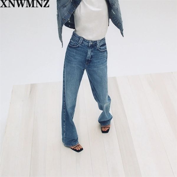 Za Jeans da donna dritti a lunghezza intera Jeans scoloriti a vita alta con design a cinque tasche Chiusura con zip e bottone in metallo 210203