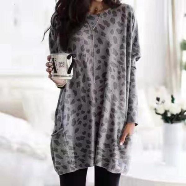 

round winter women's fashion neck autumn leopard print long sleeve pocket t-shirt, Black;gray