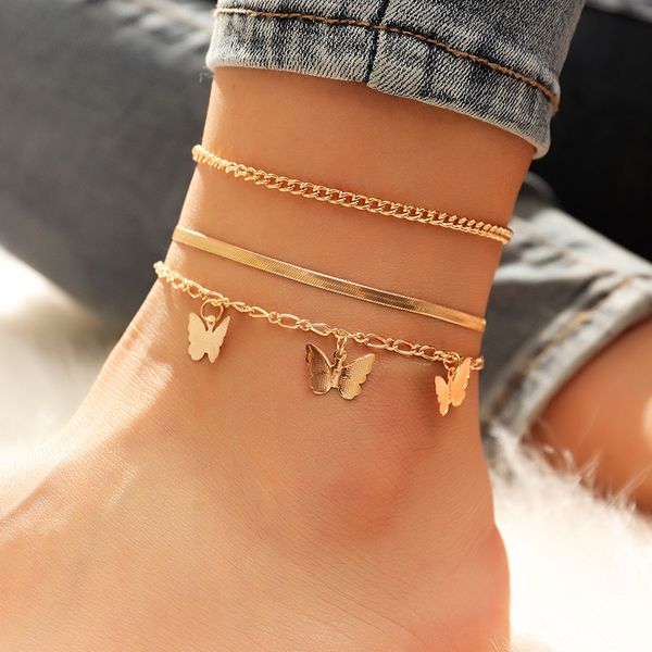

fashion summer jewelry simple 3 layer butterfly snake chain anklets gold plated butterfly pendant ankle bracelet, Red;blue