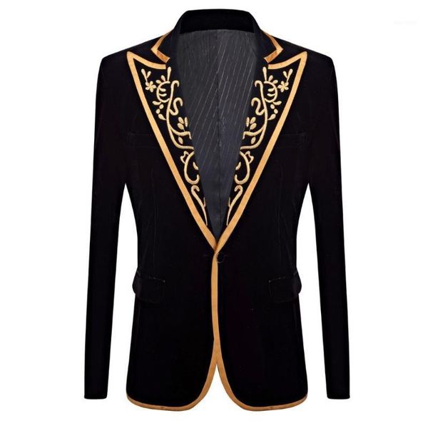 

pyjtrl new mens fashion royal court prince black velvet gold embroidery blazer wedding groom slim fit suit jacket singer costume1, White;black