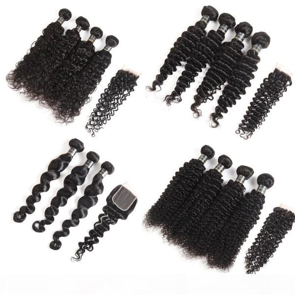 

brazilian virgin hair deep wave loose wave water wave kinky curly hair 3 or 4 bundles with closure human hair bundle lace closure, Black;brown