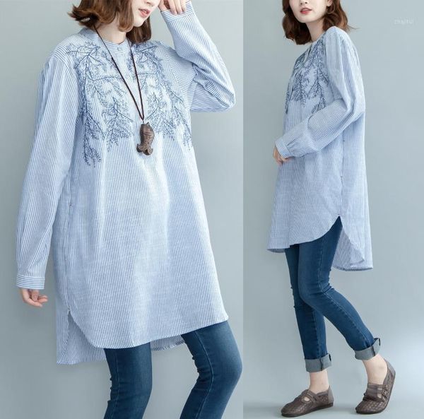 

new cotton linen female blouse 2020 autumn fashion women's big size loose long sleeve stripe embroidery blue blouse shirt1, White