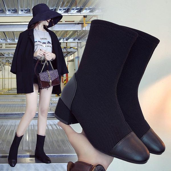

boots casual solid womens ankle short round toe med vintage leisure mature winter big size shoes, Black