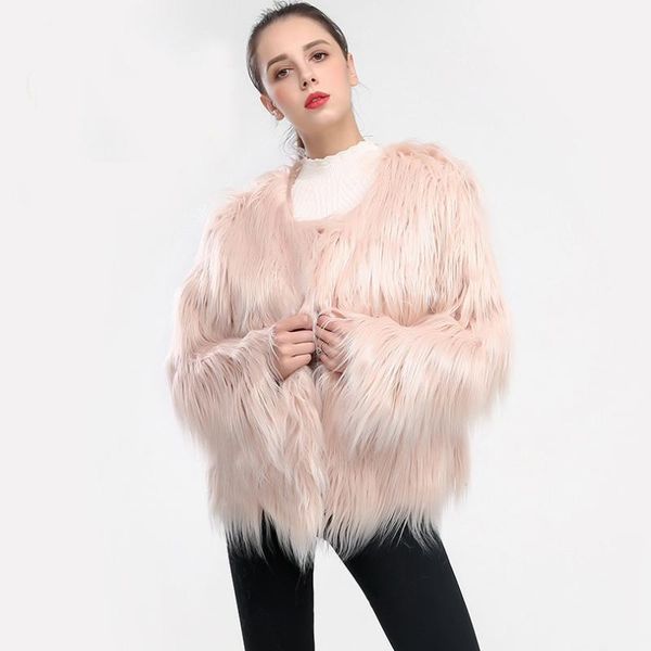 

furry fur coat women fluffy warm long sleeve outerwear autumn winter coat jacket hairy collarless overcoat plus size 3xl1, Black