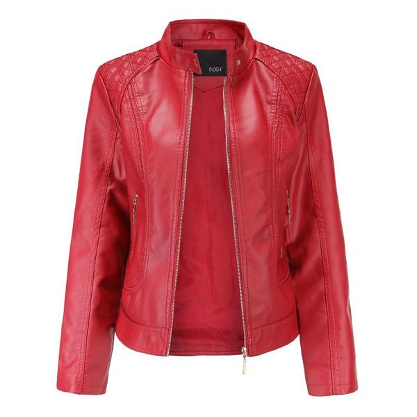 

2020 leather jacket women zippers pu leather jacket mandarin collar women's faux red biker women, Black