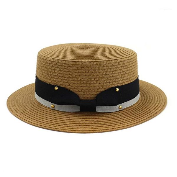 

2020 simple summer parent-child beach hat female casual panama hat lady brand women flat brim bowknot straw cap girls sun hats1, Blue;gray