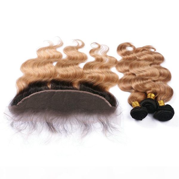 

#1b 27 honey blonde ombre human hair 3bundles with lace frontal malaysian body wave light brown ombre hair weaves with frontal lace closure, Black;brown