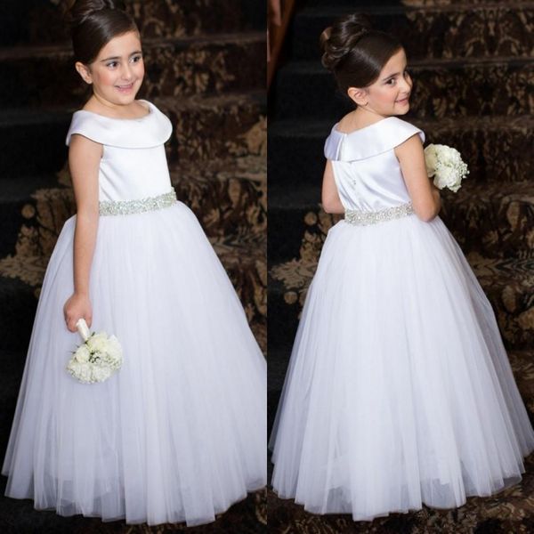 

white communion dresses scoop neck beaded sash zipper back princess party gowns long floor tulle flower girls dresses for weddings p116, White;blue