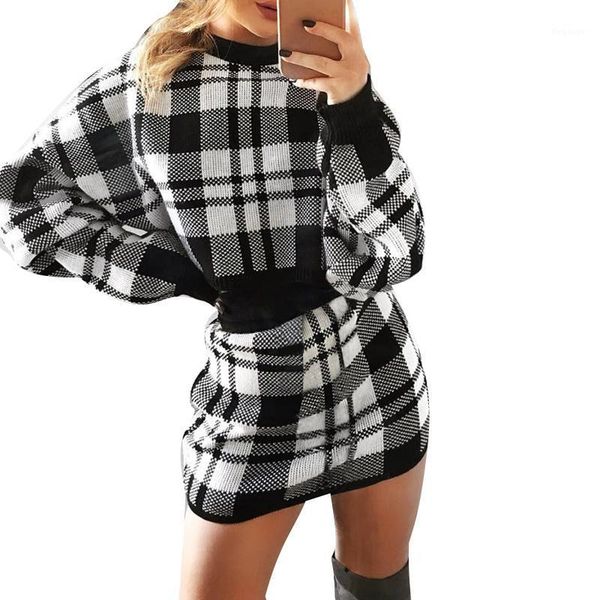 

plaid winter dress women two pieces set long sleeve sweater knitted mini dress female fashion party mini1, Gray