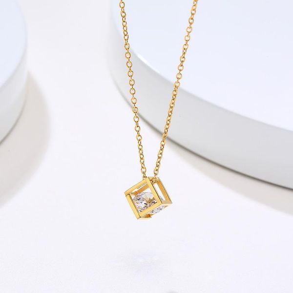 

stainless steel necklace pendant for women zirconia square o chink gold-color ladies birthday gift fashion accessories, Silver
