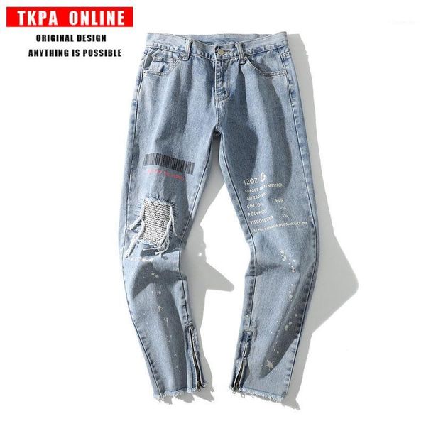 

and the united kingdom popular logo high street street dance jeans for men and women hip hop heavy hole do old jeans1, Blue