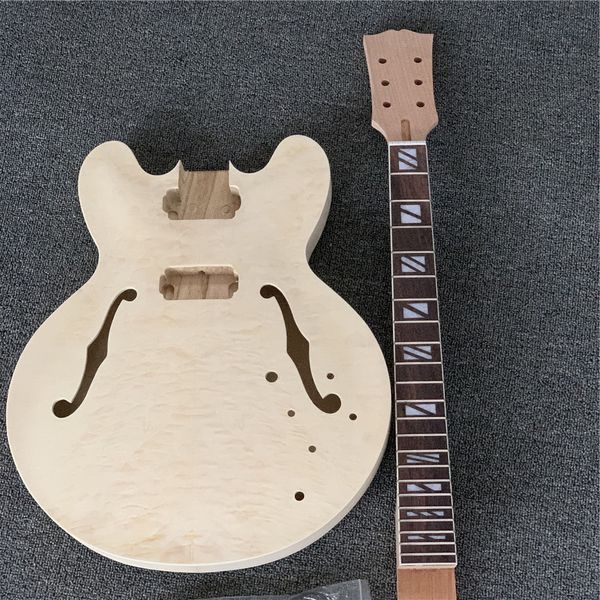 

in stock unfinished jazz electric guitar kit w/ f holes w/ quilted maple semi hollow body, diy guitar, without guitar parts