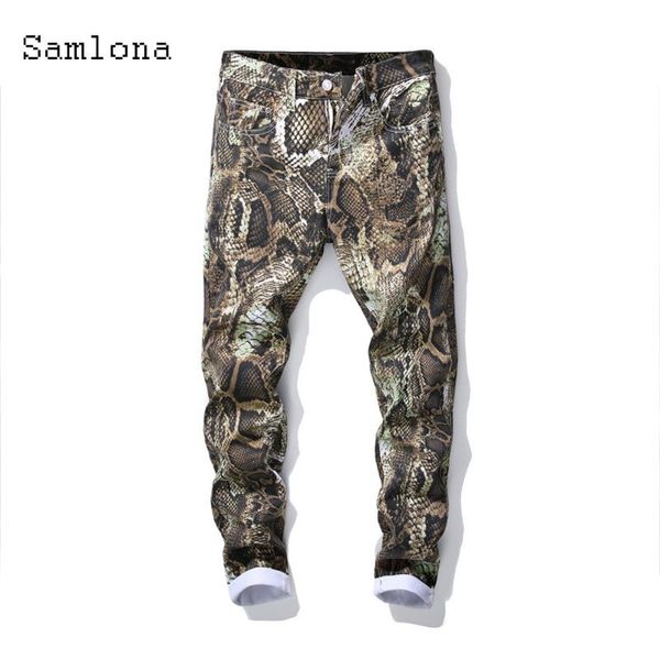 

men's jeans samlona 2021 western style men demin pants slim bottom classic fashion denim trouser snakeskin print skinny mens, Blue