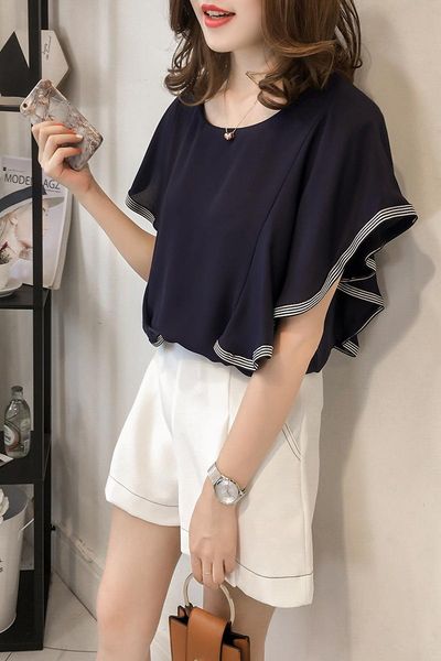 

new chiffon shirt women's summer loose sleeve ruffle top, White