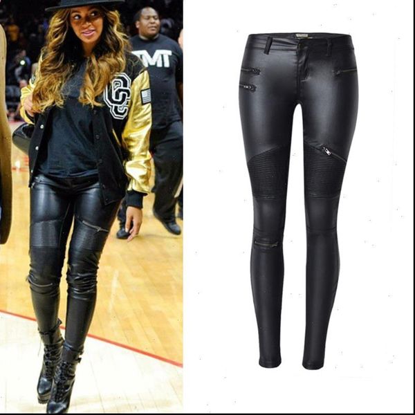 

2019 winter faddish high waist stretch female pu leather pants for women plus size womens pencil skinny womens trousers, Black;white