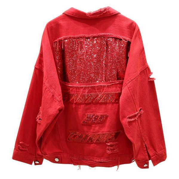 

perhaps u red white black denim jacket button hole pocket long sleeves loose sequined patchwork turn down collar c0181, Black;brown