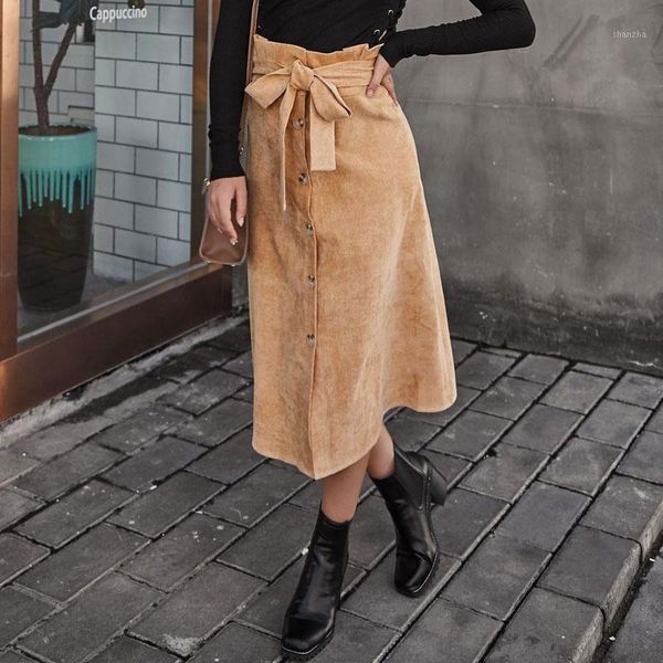 

khaki elegant women corduroy skirt a line high waist sashes buttons midi skirt female harajuku single breasted women 20201, Black