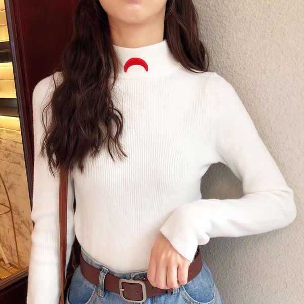

2021 harajuku spring women moon embroidery fashion stretch long sleeve t-shirt knitted high-neck yrcr, White