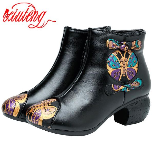 

boots xiuteng 2021 vintage mid-calf women shoes genuine leather plush fur-lined motorcycle winter autumn boot boats mujer, Black