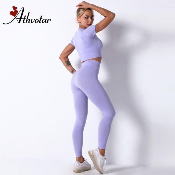 

athvotar 2021 new gym set women solid sports wear gym clothing short sleeve crop high waist leggings athletic yoga set1, White;red