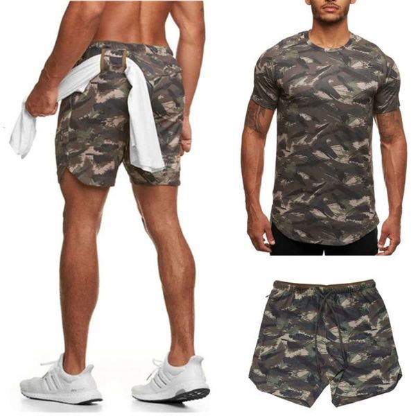 

short muscle brother drying men's quick sleeve suit summer new fitness casual camouflage sportswear set, Gray
