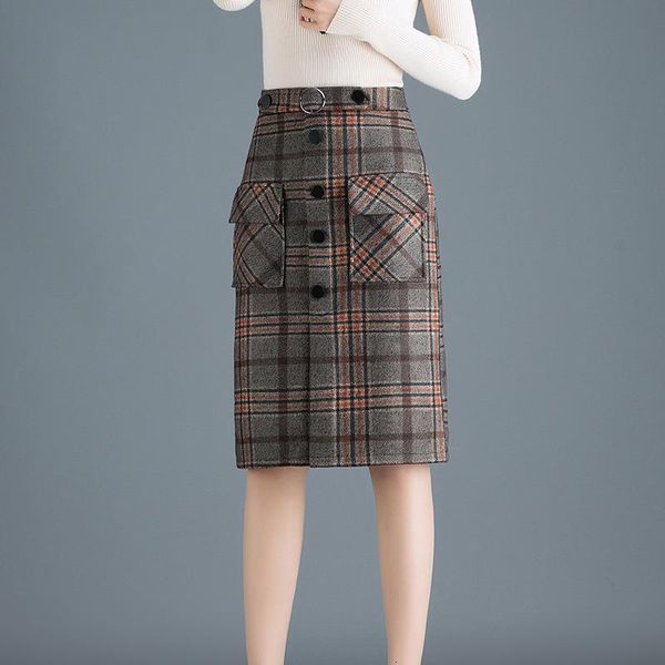 

2020 autumn&winter new arrival plaid korean high waist skirt women woolen skirt pocket single-breasted skirt ing, Black