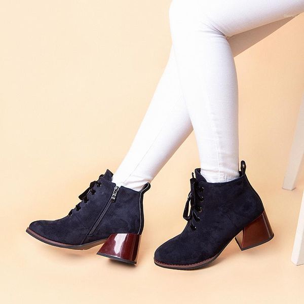 

boots winter women ankle genuine leather flock pointed toe 6cm block high heels zipper ladies booties bota feminina a259-2111, Black