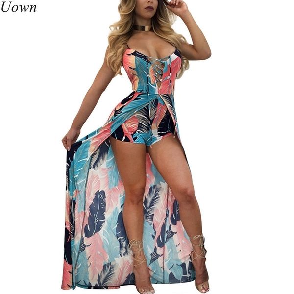 

elegant boho strap beach jumpsuit romper women backless lace up combishort femme ladies feather print playsuits summer overalls y200422, Black;white