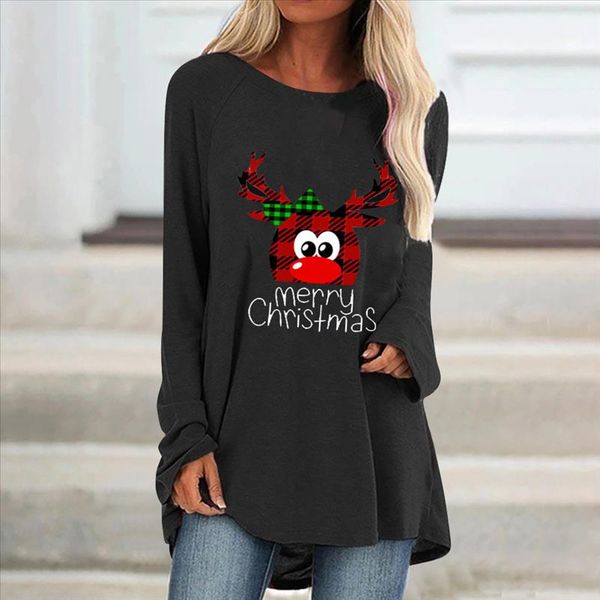

women casual t shirt christmas print o neck loose long sleeve t shirt shirts pullover plus size casual tees autumn winter, White