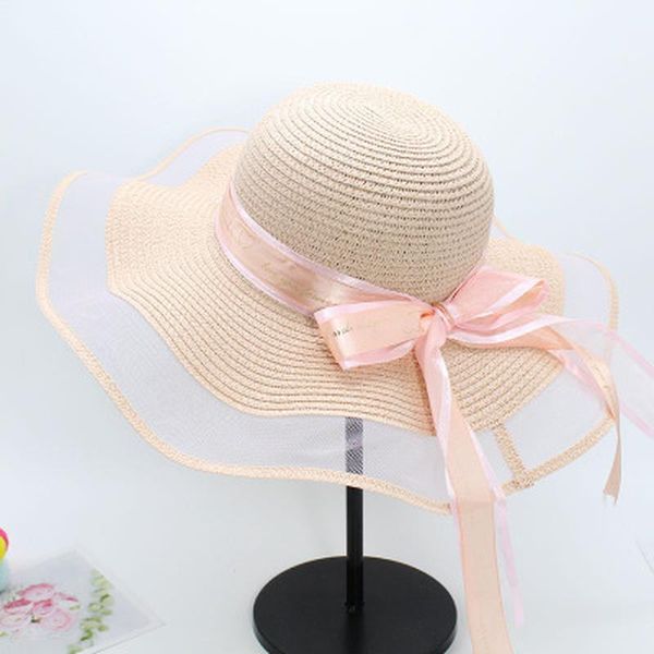 Frauen Hüte Sommer Frühling im Freien Strand Sonnenschutz große Krempe Strohhüte Netzgarn Band Bowknot elegante solide Luxus Sonne